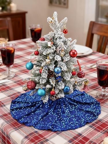 Small Sequin Christmas Tree Skirt: 24 Inches Mini Tree Skirts - Royal Blue Glitter Velvet Tree Skirt for 4ft Tree Decorations