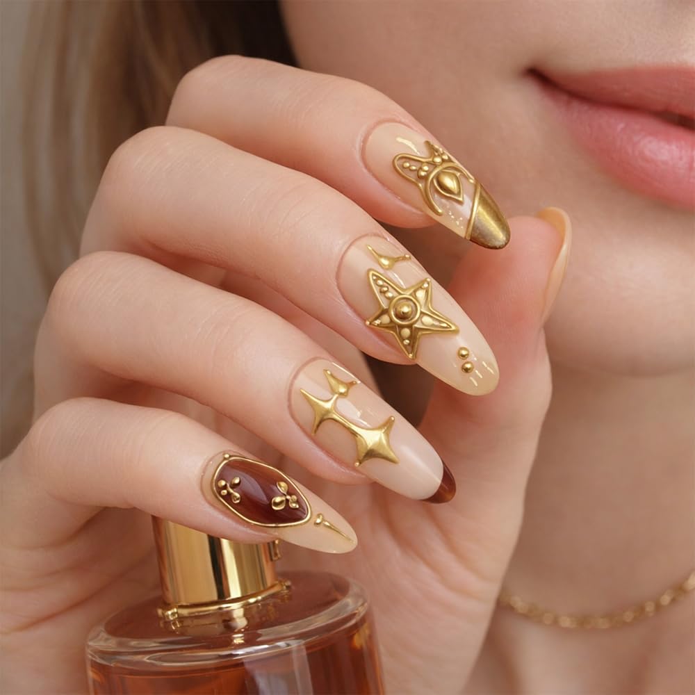 WZHAOJUN Handmade Press On Nails,Medium Gold Presson Nails For Women,10pcs Abs Material Fake Nails With Design-Reusable Glue On Hand Made Nails For Party Wedding(10Pcs Size M)
