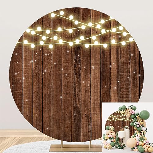 7.5x7.5ft Glitter Rustic Wood Round Backdrop Brown Wooden Texture String Lights Circle Photography Background for Baby Shower Birthday Wedding Bridal Shower Party Banner Photo Booth Props - size: 7.5x7.5ft-Diameter