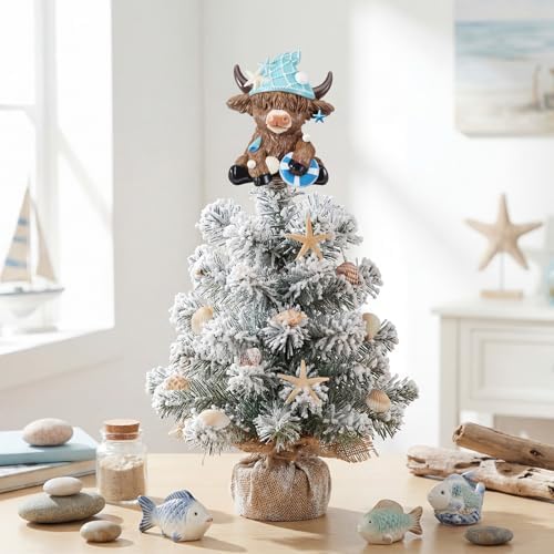 Gejoy Summer Coastal Highland Cow Miniature Tree Topper, 5.1 Inches Mini Resin Beach Cow Figurine Treetop with Seashells Starfish Sandcastle & Metal Spring for Tiered Tray Decor, Calf Lover Gifts