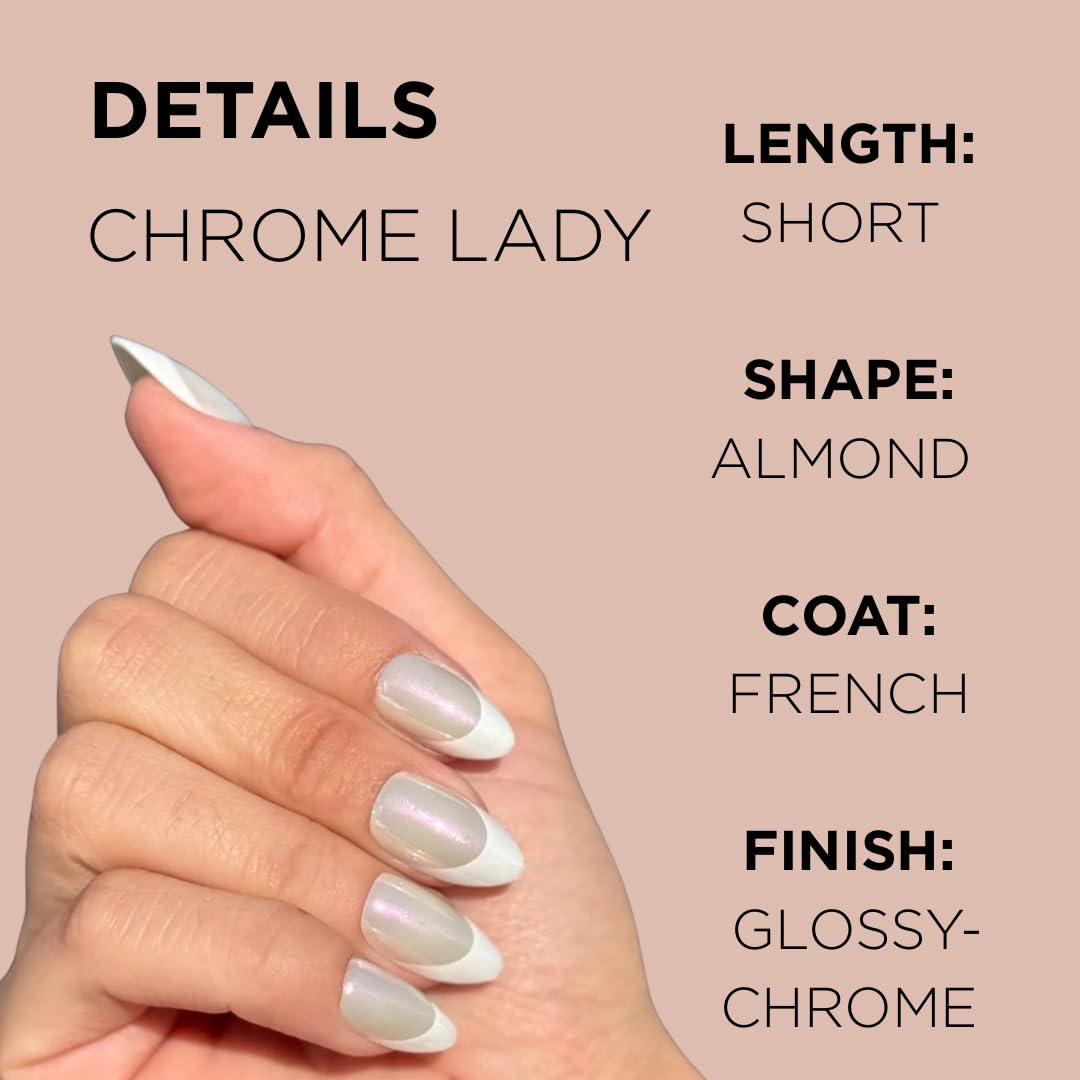 CHROME LADY Press-On Nails by Lavaa Beauty | Short Almond French Tip Iridescent Chrome Glaze Finish Nails