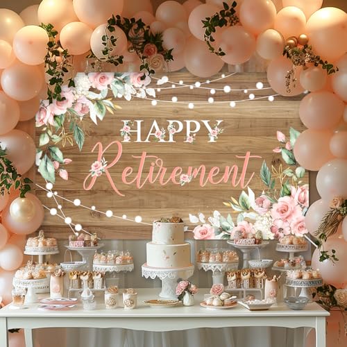 Mocsicka Rustic Retirement Backdrop Banner Women Happy Retirement Party Decorations Pink Floral Retired Party Photo Booth Props (6x3.6ft) - size: 6x3.6ft