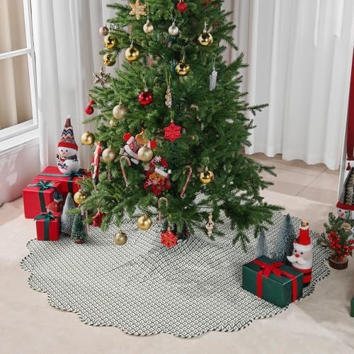 45 Inch Christmas Tree Skirt Vintage Green Plaid Floral Block Print Tree Skirts with Scalloped Edge, Classic Xmas Tree Skirt for Merry Christmas Party Holiday Home Farmhouse Indoor Outdoor Decorations