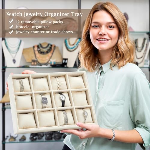 Henoyso 2 Pieces 12 Grid Velvet Watch Tray Jewelry Organizer Stackable Watch Bracelet Bangle Display Holder Adjustable Pillow(Beige) - color: Beige, size: 12 Grid