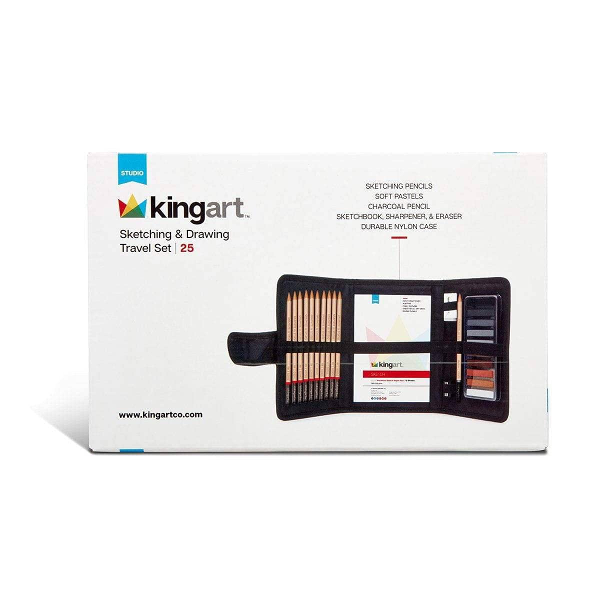 KINGART DRAWING & SKETCHING 25 pc. TRAVEL SET, Graphite, and Charcoal Pencils & Pastels plus Supplies, Art Drawing Kit for Adults, Teens, Beginner to Pro, Ideal for Shading, Blending, 25 pc.