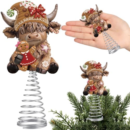 Gejoy Gingerbread Man Highland Cow Miniature Tree Topper, 5.1 Inches Mini Resin Cattle Topper Decorations for Rustic Home Farmhouse Holiday Accents Party Decor, Fall Thanksgiving Xmas Gift Ideal