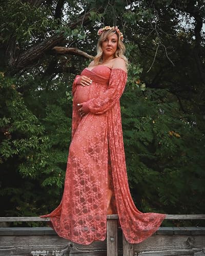 Saslax Soft Stretchy Lace Off Shoulder Doubly Split A-line Skirt Maternity Dress Pregnancy Maxi Gown for Photoshoot - color: Antique Rose, size: Medium