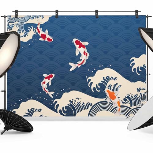 Blue Ocean Waves Backdrop for Photography, Japanese Style Red Fish Harmony Photo Backdrop Portrait Background Party Banner Photo Backgrounds for Studio Booth Props, 8x6ft - color: Blue, size: 8x6FT
