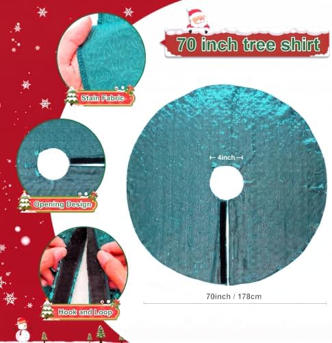 Poise3EHome Teal Christmas Tree Skirt, 70 Inch Sequin Tree Skirt
