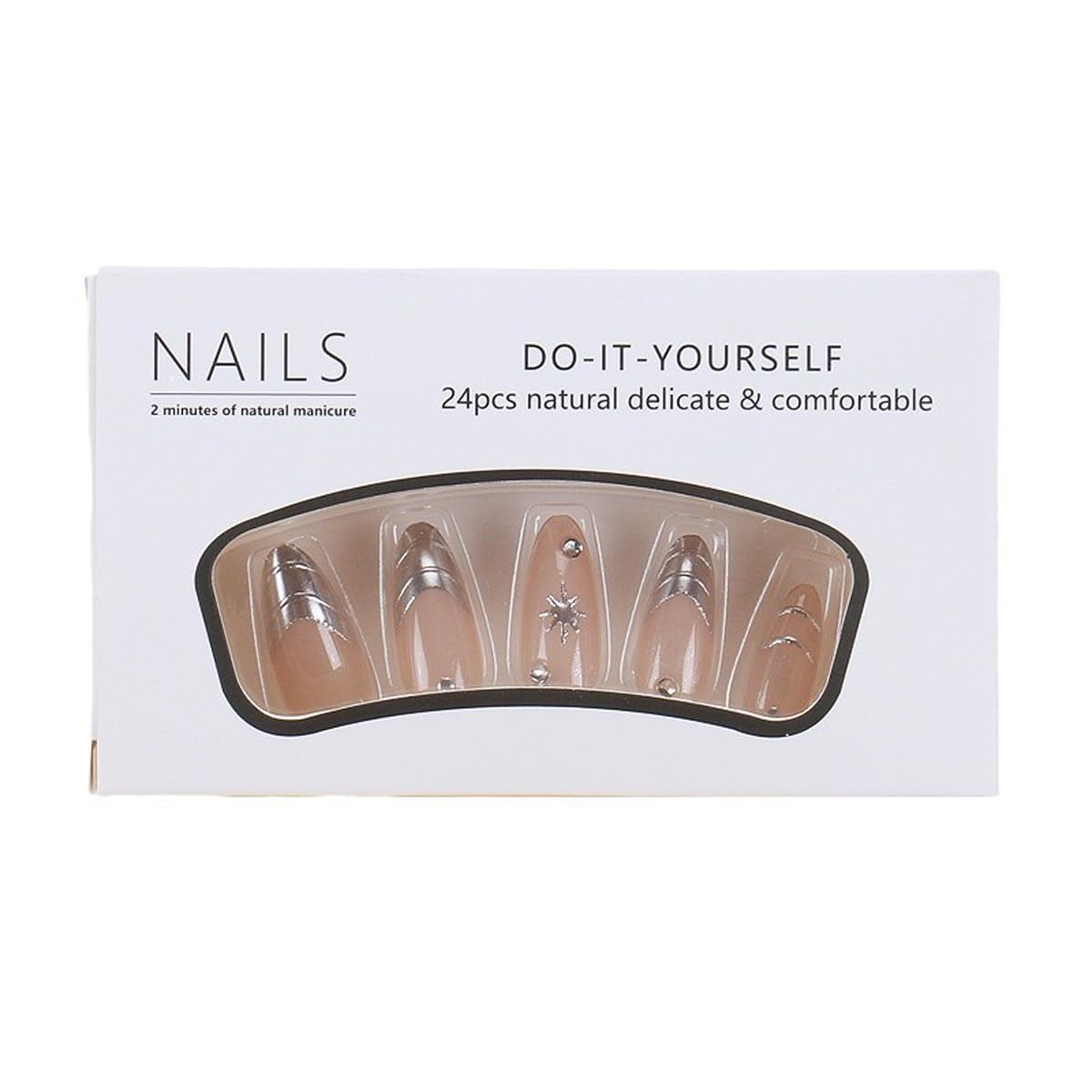 Silver Press on Nails Almond Fake Nails Medium Length False Nails Press ons with Star,Lines Design,Reusable Artificial Nail Full Cover Glossy Glue on Nail Stick on Nails for Women Manicure 24 Pcs