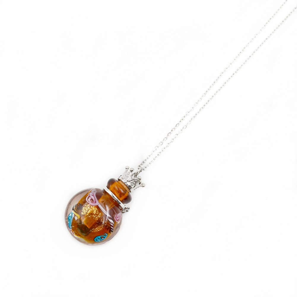 Stainless Steel Colored Glass Pendant Necklace Diffuser Perfume Pendant Aromatherapy Charms (Brown)