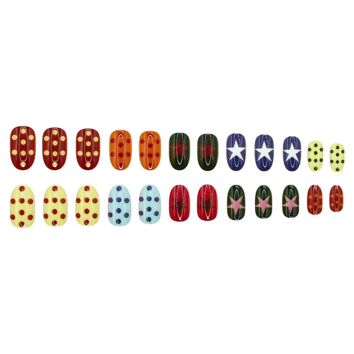 HPYFOI Press on Nails Short Oval Fake Nails Summer Nails Press ons with Colorful Polka Dots, Star Design,Y2k Reusable Artificial Nail Full Cover Glue on Nails for Women Manicure 24Pcs