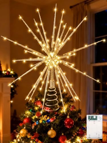 Meonum LED Starburst Christmas Tree Topper with Timer, Golden, 16inch