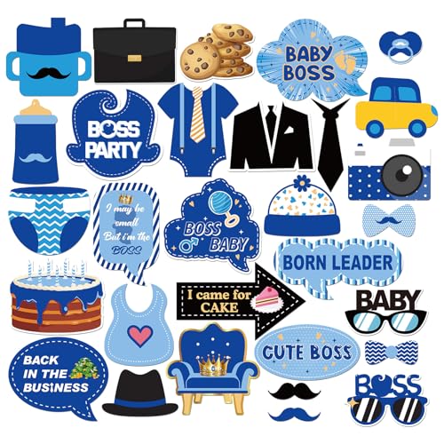 INNORU Boss Boy Photo Booth Props, Leader Boy 1st Birthday Photoshoot Gender Reveal Party Photography Props Favor Centerpiece Sticks Decorations 30 PCS