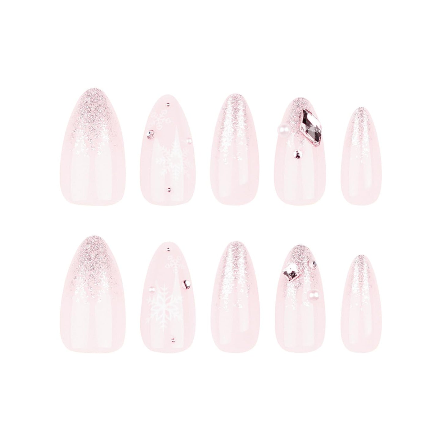 Christmas Press on Nails French Glitter Fake Nails Cute Snowflake Artificial False Nails with Rhinestone Designs Medium Acrylic Nails Kits Almond Christmas Glue on Nails for Women Nail Art 24Pcs