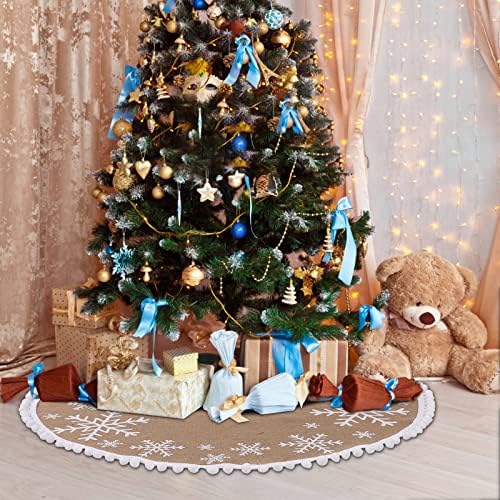 N&T NIETING Burlap Christmas Tree Skirt, 30 Inch Farmhouse Tree Mat with White Snowflakes Printed Pom Poms for Xmas Holiday Party Decoration