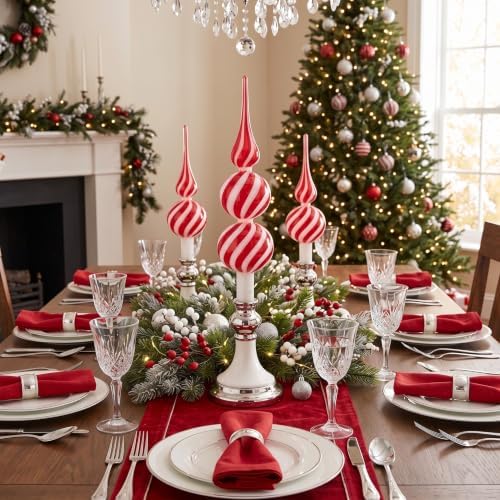 Gejoy Glass Christmas Finials Tree Topper Ornaments Spherical Red and White Candy Glass Xmas Tree Topper Finials Holiday Indoor Suitable for Party Decoration, 9.8inches