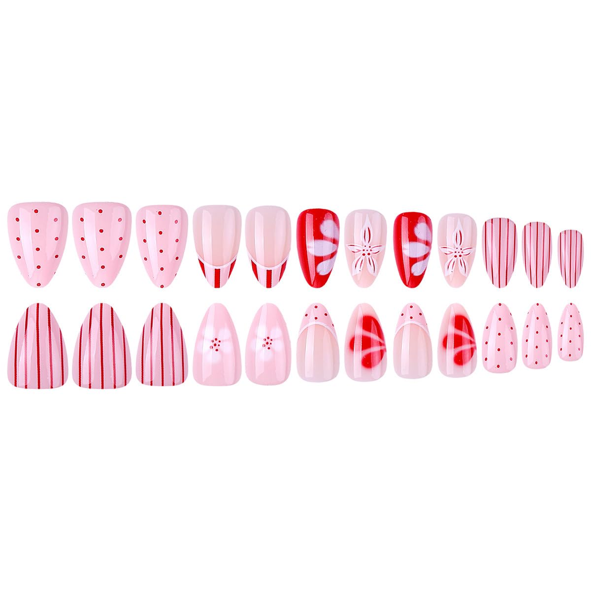 Short Almond Press on Nails Pink & Red Floral Mixed Print Fake Nails with Polka Dot & Stripes, Glossy Reusable Acrylic False Nails for Spring & Summer Daily Wear 24Pcs