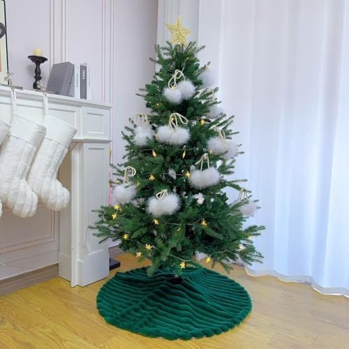 Faux Fur Christmas Tree Skirts, 48 inches Plush Fluffy Christmas Tree Skirt with Stripe Textured Pattern for Christmas Tree Decorations (122CM, DarkGreen Stripe)
