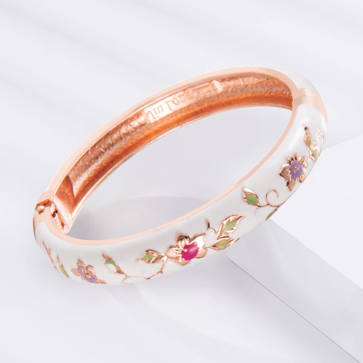 UJOY Elegant Bracelet Plated Enameled Jewelry Spring Hinge Metal Cuff Cloisonne Bangles Set Gift Box Packed 55A117 White Pink