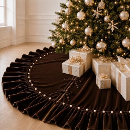 Christmas Tree Skirt,Velvet Tree Skirt with Ruffled Edge with Pearls, Classic Large Velvet Fur Plush Tree Skirt for Merry Christmas(Brown,36Inch)