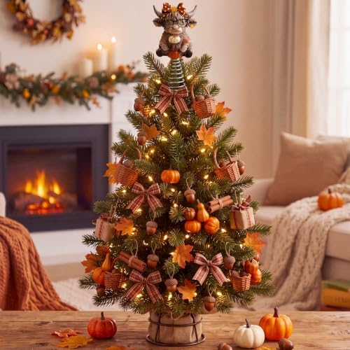 Gejoy Fall Highland Cow Miniature Topper 5.1 Inches Autumn Mini Tree Topper
