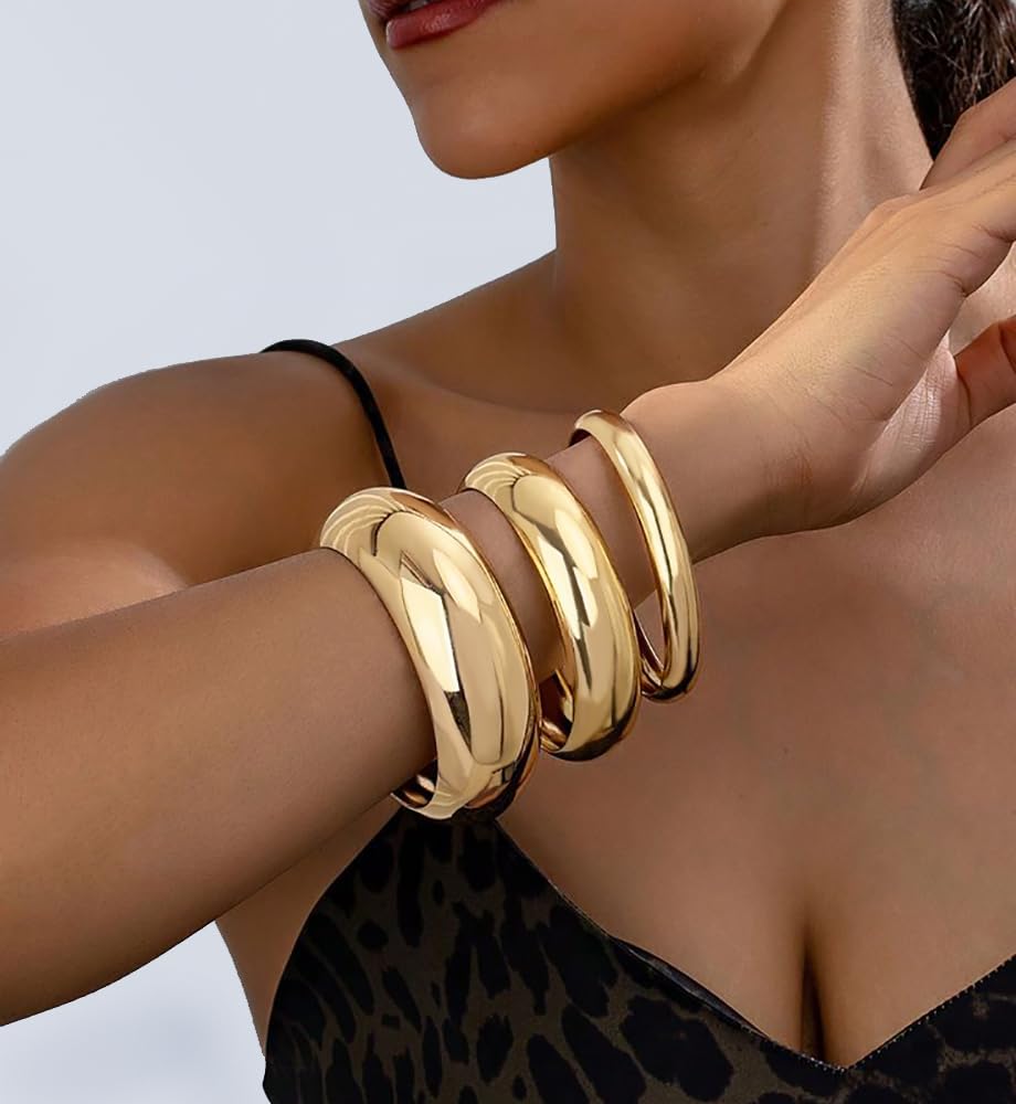Chunky Gold Bangle Bracelets for Women, Dainty 14k Gold Plated Big Stackable Bangles Set, Trendy Statement Cuff Bracelet Stack Fashion Jewelry Gifts (3 Thick gold bangles)