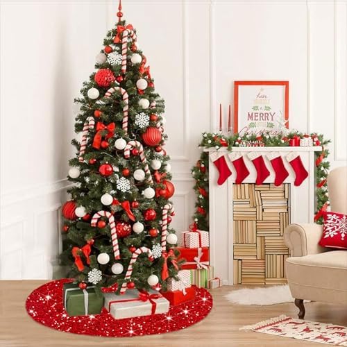 FUHSY 48 Inches Diameter Christmas Tree Skirt Red Sequin Velvet Tree Decorative Skirts Glitter Embroidered and Sequined Tree Cover Mat Glitter Xmas Tree Skirt for Christmas Halloween Tree Decoration