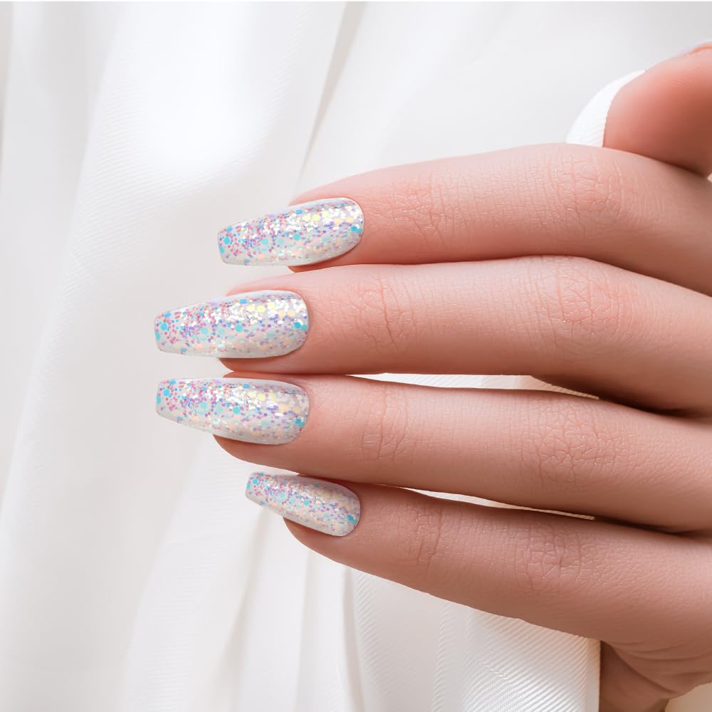 KISS False Nails Kit, Dreamdust Ready to Wear Gel Sculpted Nails, Stick and Glue Included, Long Length, Coffin Shape with White Glitter Effect, Long-Lasting Hottest Trend Glue on Nails