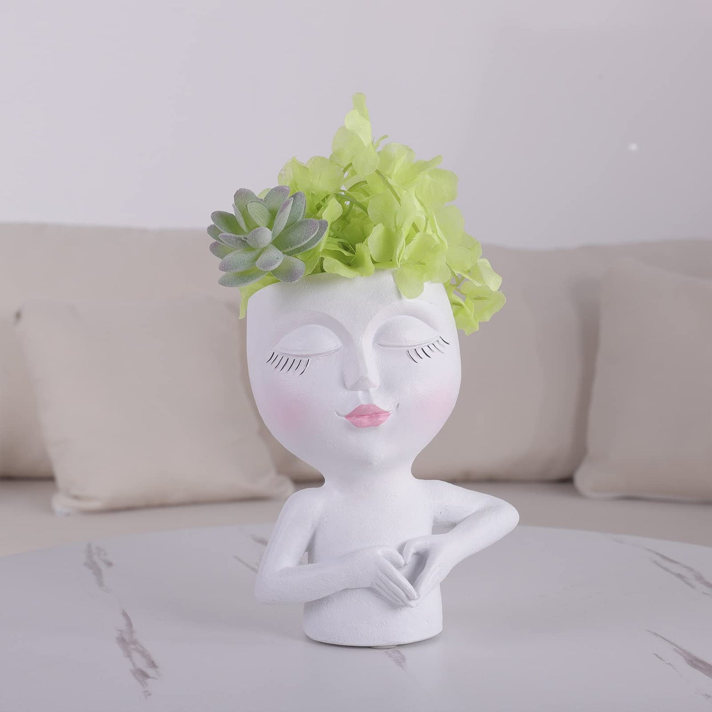 Face Planters Pots Head, Resin Succulents Plants Head Planter with Drainage Hole for Indoor Outdoor Plants Cute Face Planter Home Office Decor Flower Pots (White)