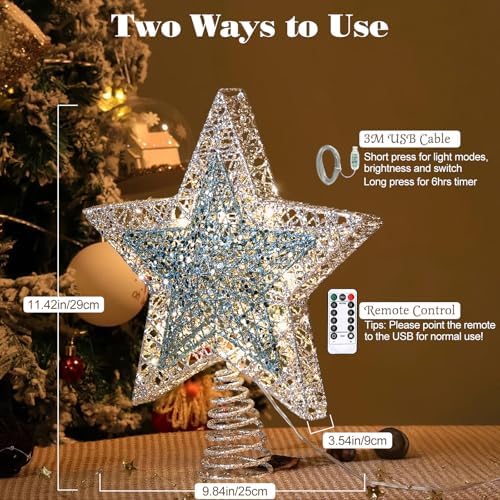 Lewondr Lighted Christmas Star Tree Topper with Remote & Timer, Blue&Silver
