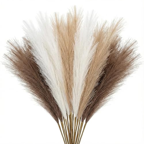 Pampas Grass Decor 21.7 Inch 30pcs, Faux Pampas Grass White Beige Brown Ultra Fluffy No Shedding for Boho Home Bedroom Wedding Vase Filler Dried Flower Arrangement - size: White Beige Brown