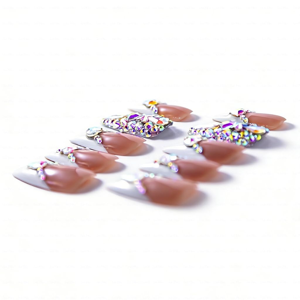 IntoVibes 10 Pieces Handmade Long Almond Press On Nails, White Thickened French False Nails With Rhinestone Decorate, Reusable Fake Nails Almond, Reusable Acrylic Nails (S)