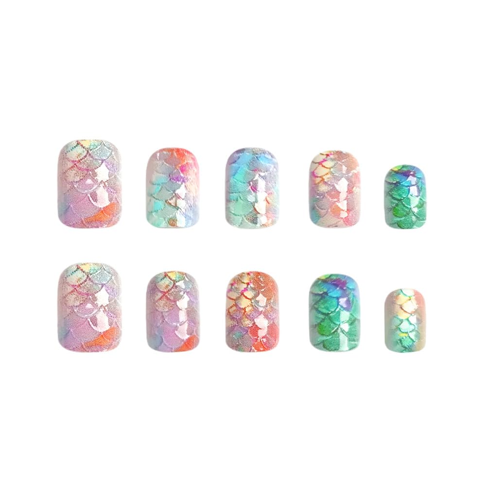 Summer Press on Nails Short Square Fake Nails Ocean Colorful Chrome False Nails Gradient Acrylic Nails Glossy Fish Scales Full Cover Glue on Nails for Women Manicure 24Pcs