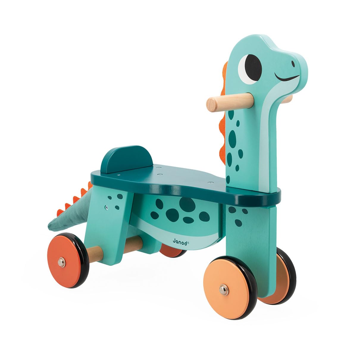 Janod Dino - Ride-On Wooden Dinosaur ‘Portosaurus’ - 18.5” Tall Adorable Scooting Toy with Steerable Front Wheels - Includes Plush Tail - Ages 12 Months- 4 Years - J05828