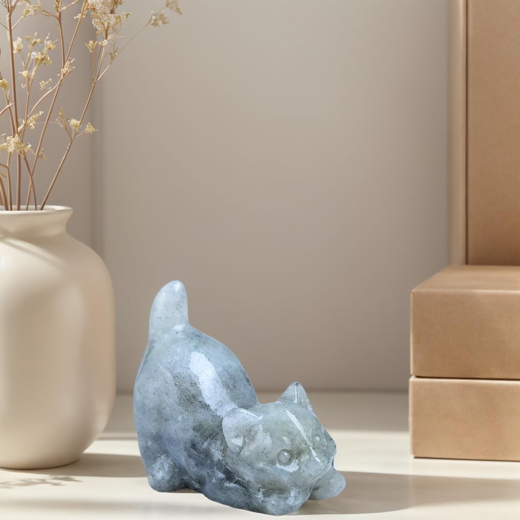 DZJXBZhu Moonstone Cat Crystal Statue Healing Crystal Reiki Meditation Pocket Gem Guardian Sculpture Home Study Table Desk Decor Collection Gift for Loved Ones