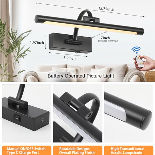 Tassuowell Wireless Battery Operated Picture Light,Rechargeable Wall Light with Remote and Timer,15.75 Inch Black Dimmable Painting Light,3CCT with Adjustable Swing Arm for Display Gallery Lighting - color: Black, size: 15.7inch