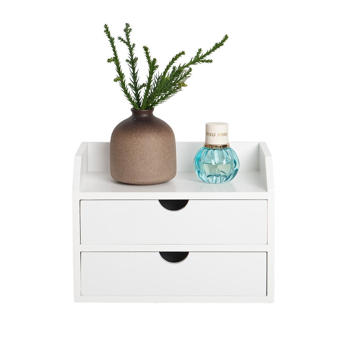 ROSE BLOOM White Wood Desk Organizer with 2 Drawer, Mini Cute Cabinet with Storage Shelf for Tabletop, Small Desktop Box Organizer for Cosmetic Office Supplies