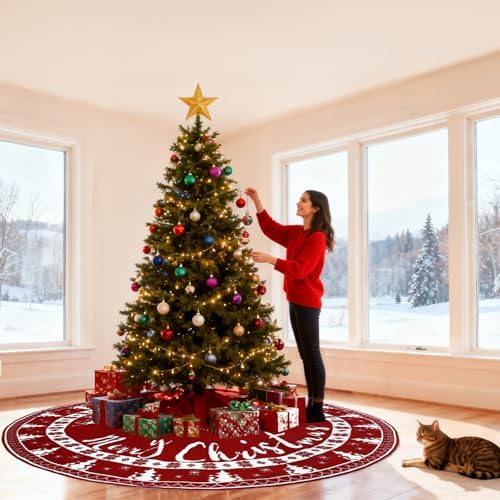OurWarm 72 Inch Christmas Tree Skirt, Knit Tree Skirt for 7.5 ft Tree to 12ft Tree, Double Sided Large Knitted Tree Skirt Xmas Tree Skirts for Winter Indoor Holiday Party Christmas Tree Decorations