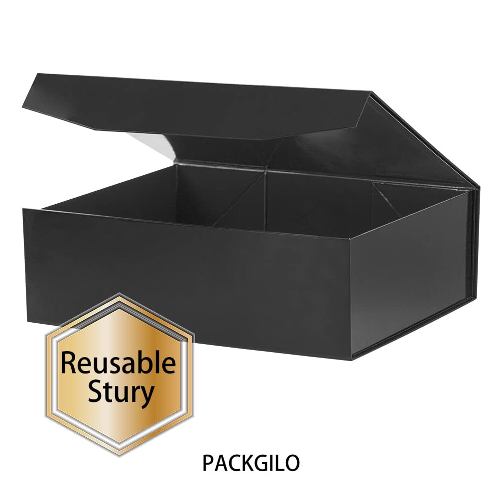 PACKGILO 1 Pcs Black Extra Large Gift Box with Lid, 16.5 x 13 x 5.3 Inches, Hard Magnetic Giant Gift Boxes for Presents Clothes Robe Wedding Dress Sweater,Reusable Foldable Bridesmaid Proposal Box