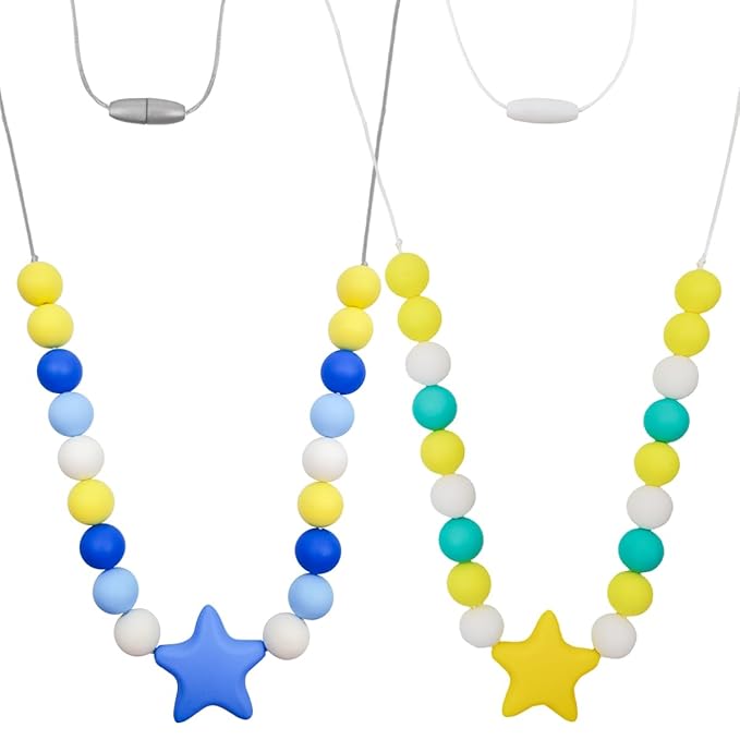 Stars Sensory Chew Necklace for Kids and Adults, Oral Chew Toys for Boys and Girls with Autism/ADHD/SPD, Silicone Fidget Teething Necklace for Children - Reduces Anxiety and Stress（2Pcs