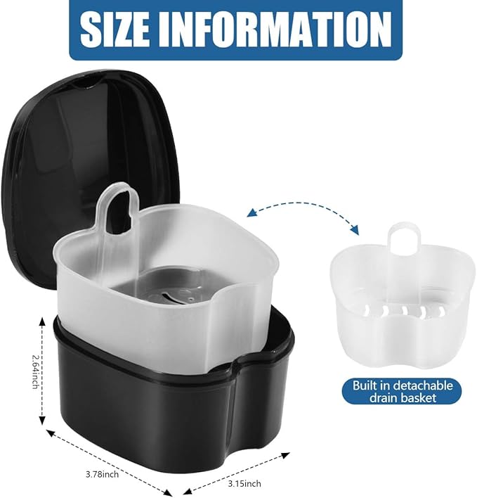 Black Denture Bath Case Cup Box Holder Storage Soak Container with Strainer Basket for Travel Cleaning
