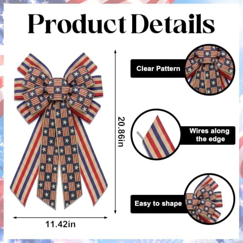 Large 4th of July Patriotic Wreath Bow USA 250th Anniversary Ribbon Bows for Wreaths, Stars and Stripes Tree Topper Bow Red White and Blue Decor Bows for Home Indoor Outdoor Wreath Ornament (Style B)
