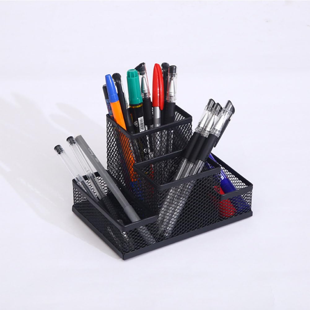 koofull Desk Organizer Desktop Mesh Pen Pencil Holder Caddy with 4 Compartments, Office Home School Classroom Accessories Cool Supplies