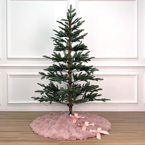36-Inch Puff Quilt Faux Fur Christmas Tree Skirt, Soft Plush Tufted Texture with Satin Ribbon Ties, Baby Pink