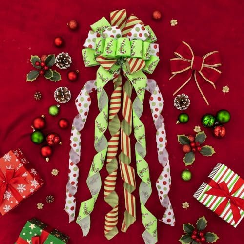 Suncalla 2 Pcs 44 x 13 Inch Large Christmas Tree Toppers Green Christmas Tree Ornaments Candy Cane Ribbon Bows Lime Green Glitter Polka Dot Wreath for Xmas Holiday Indoor Outdoor Front Door Staircase
