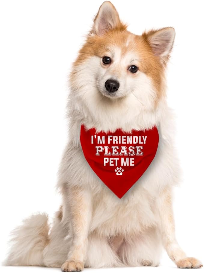 I'm Friendly Please Pet Me Dog Bandana - Red, Funny Cute Triangle Scarf Accessory for Small Medium Large Dogs (D49)