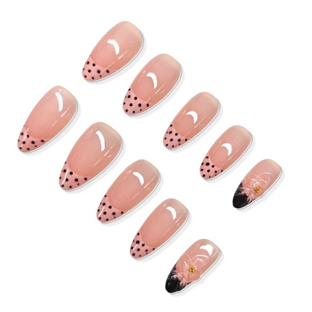 Polka Dot French Tip Press on Nails Medium Almond Fake Nails with 3D Flower Nails Press ons,Glossy Full Cover Glue on Nails Pink Spring Reusable Soft Nails for Women Girls 24Pcs