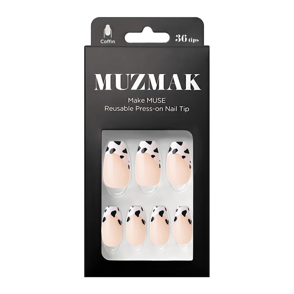 MUZMAK Reusable Press On Nails - Milk Cow - Long Coffin Press On Nails, Cow Print French Tip Fake Nails (Pack of 36)