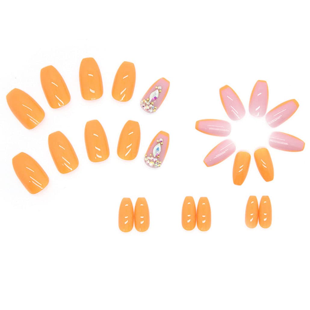 Foccna Press on Nails Medium, Fake Nails Coffin Acrylic False Orange Nails,Artificial Rhinestone Nails for Women and Girls 24 pcs